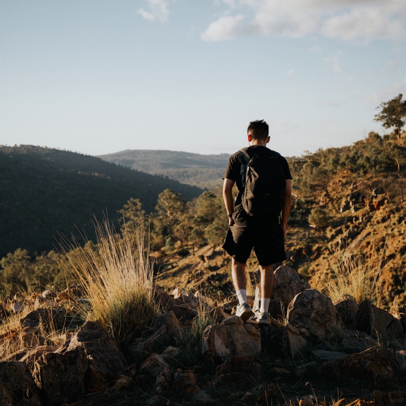 A person with a backpack on sunlit rocks above a wooded valley, with the Adventure preset applied
